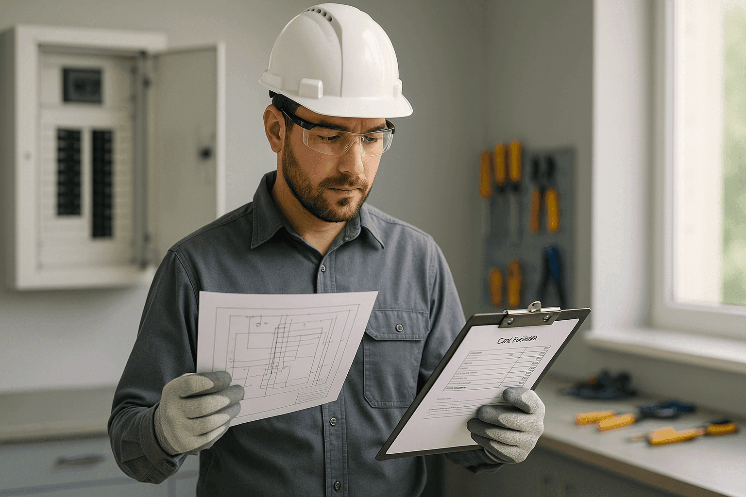 Electricista revisando planos de tablero eléctrico y estimación de costos en portapapeles