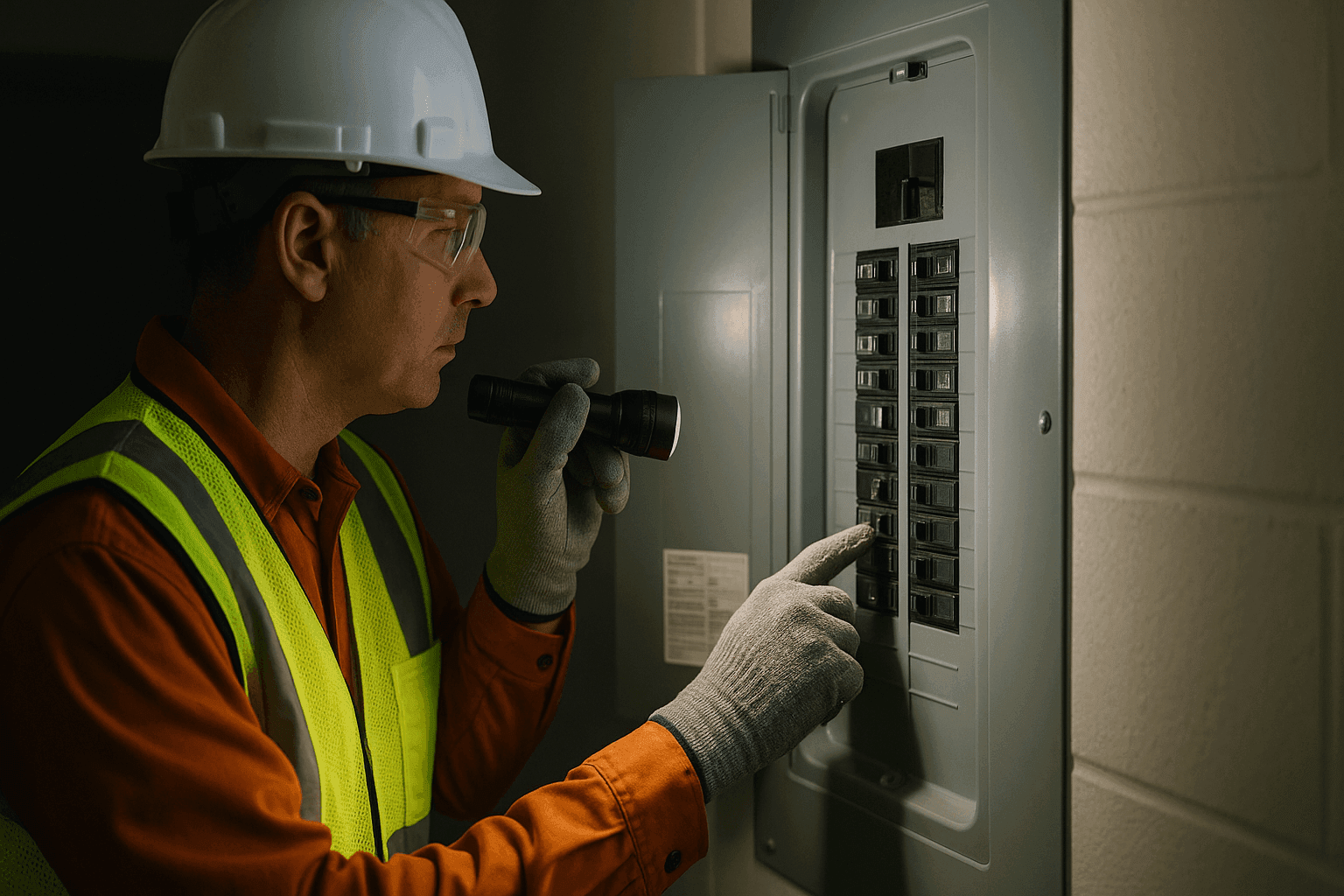 Electrician with flashlight inspecting circuit breaker during power outage at night
