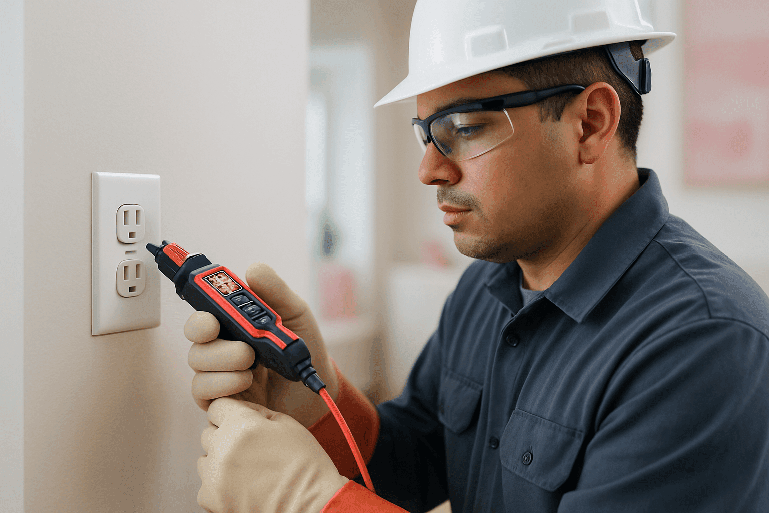 Electricista usando un comprobador de voltaje en un enchufe de pared en un interior moderno